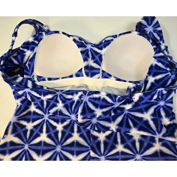 Maxine of Hollywood One Piece Swimdress Blue/White Geometric Side Tie Size 20 - Picture 5 of 9